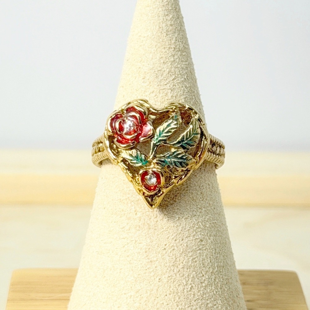 Vintage Romantic Gold Vermeil 925 Red Rose Heart Ring Sterling Enamel Floral